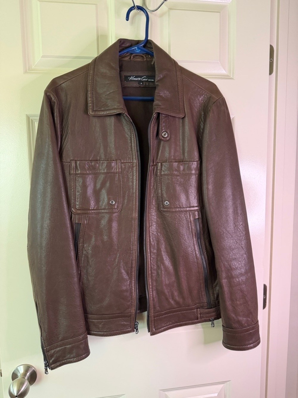 Kenneth Cole Men’s Dark Brown Leather Bomber Jacket